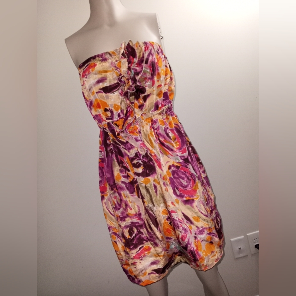 Ultra pink strapless dress size medium orange and purple floral print